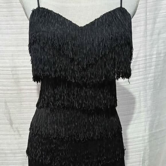 Black Flapper NEWLEAF string dress SMALL with purse, necklace and gloves - Picture 4 of 5